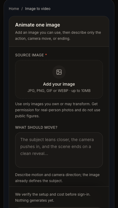 Roadster AI Video image-to-video page showing the source image upload and motion direction fields