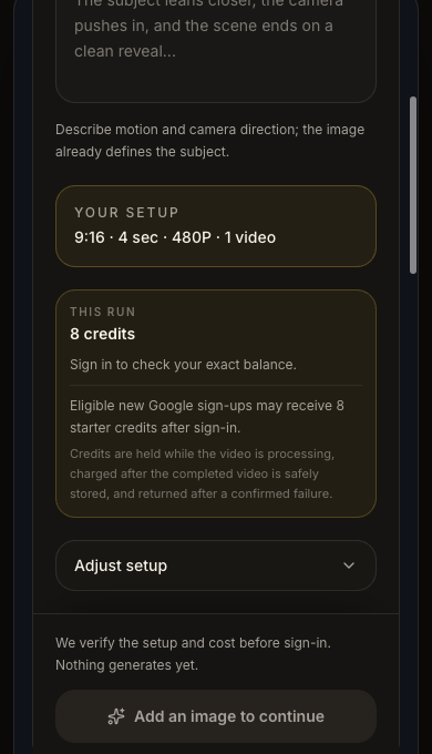Roadster AI Video mobile credit panel showing the setup, this-run quote, and credit lifecycle note