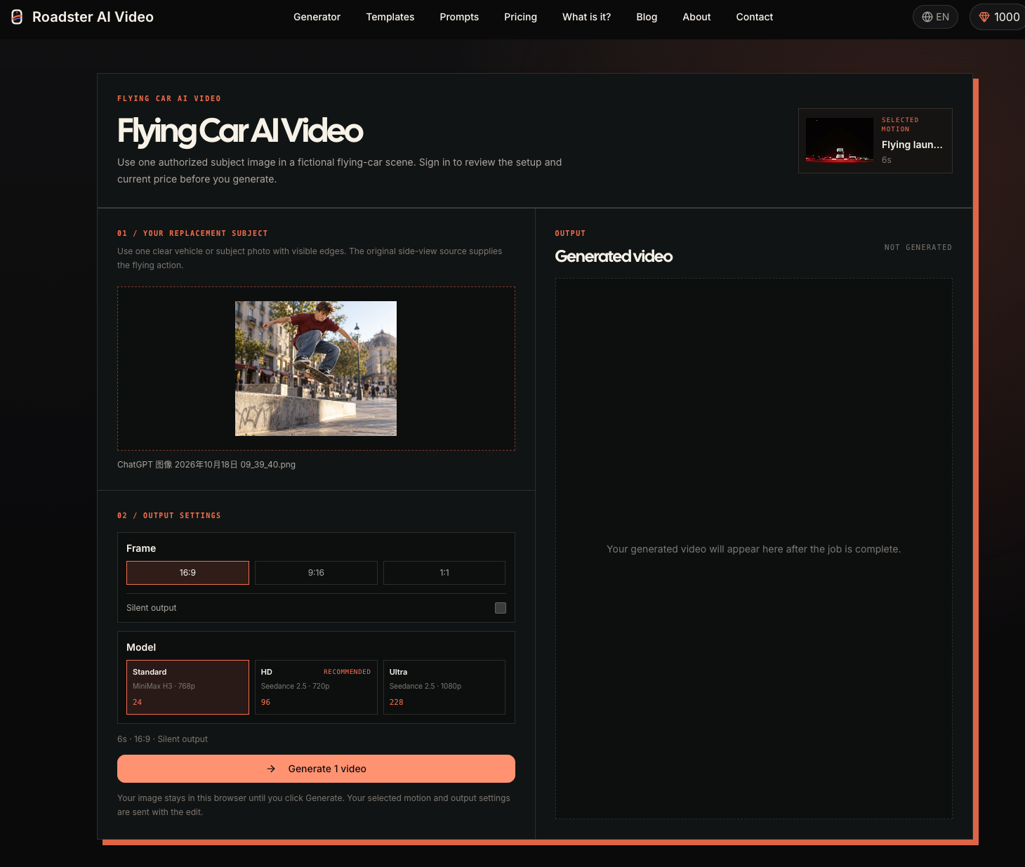 Roadster flying car AI video generator with an uploaded skateboard image