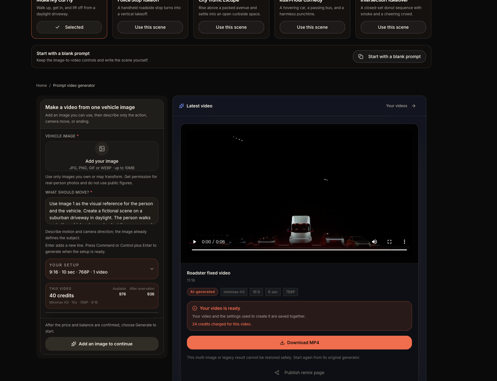 Roadster prompt video generator with a scene prompt and image-to-video setup