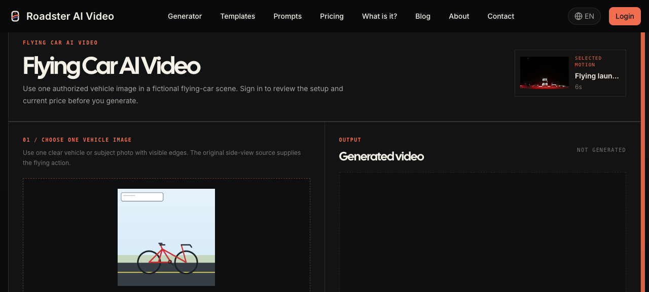 Roadster flying-car page with a bicycle source image uploaded